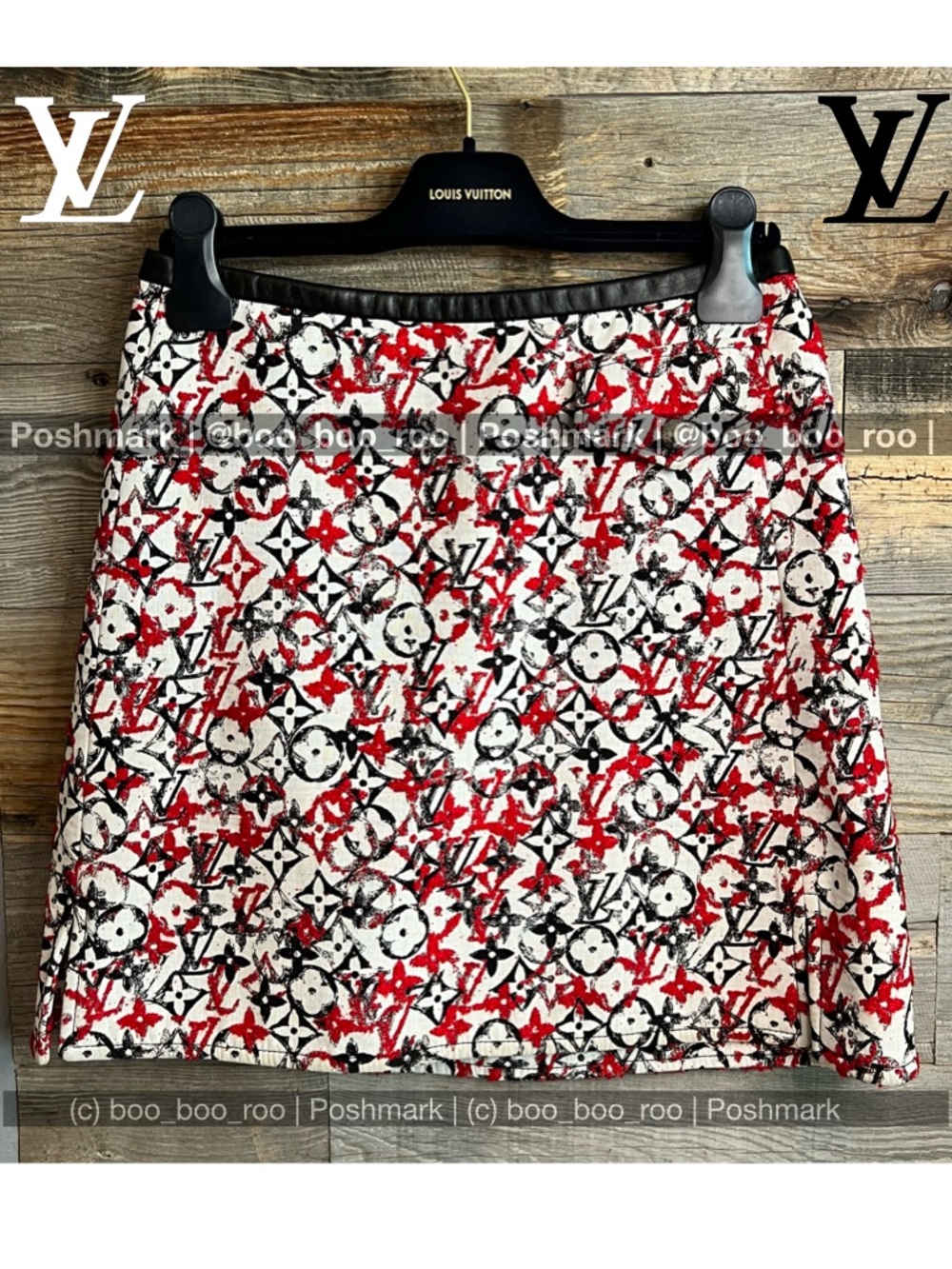Louis Vuitton Red, Black, White Monogram Mini Skirt w/Leather Trim, 💯Authentic
